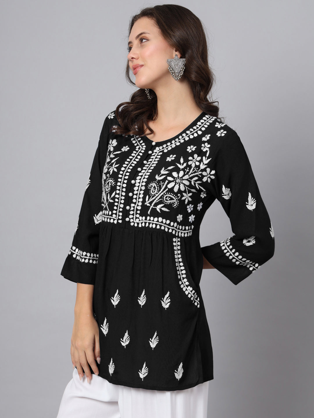 Women Hand Embroidered Chikankari Rayon Kurti with Pockets-AL3696 Black