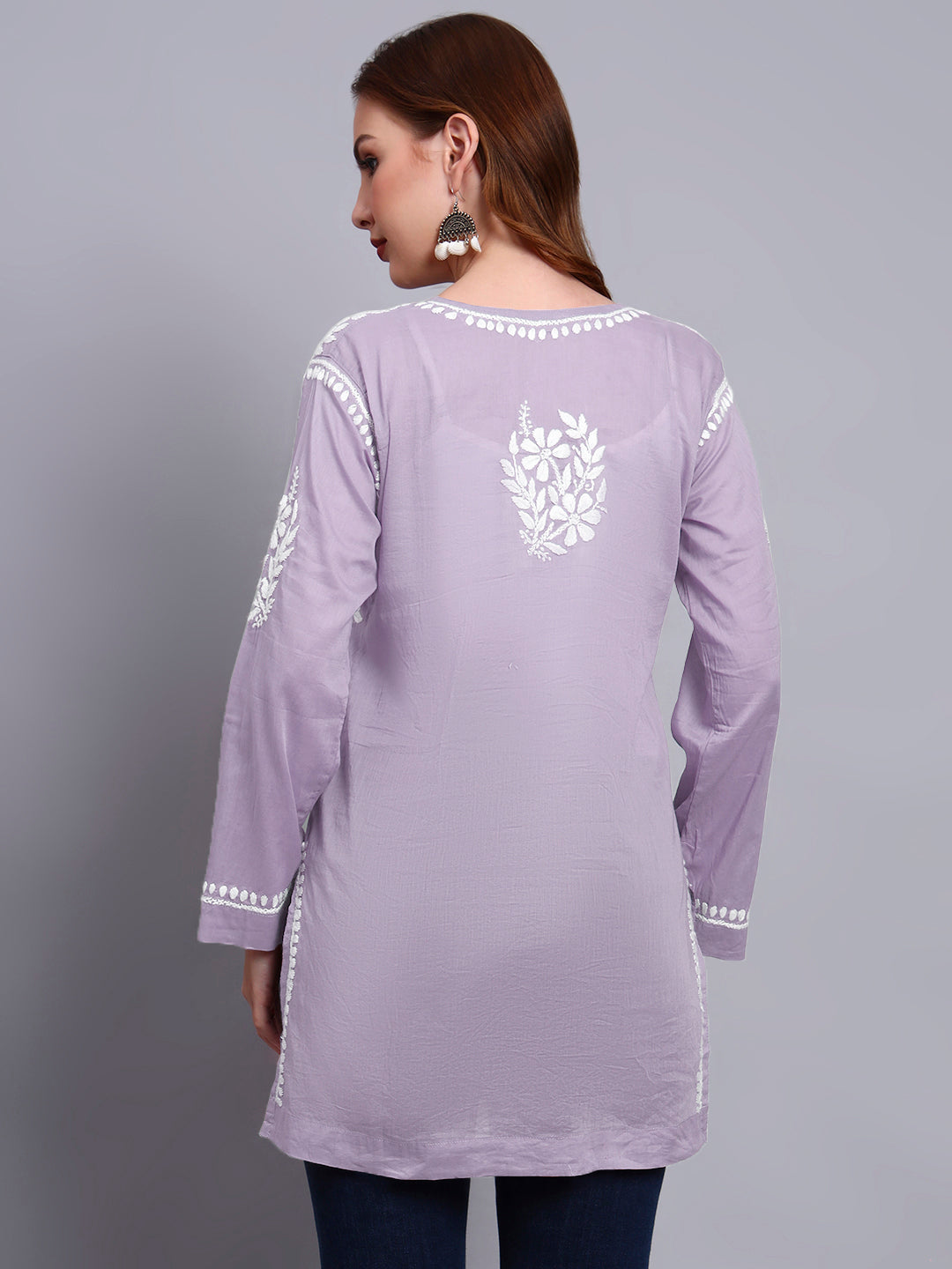 Women Hand Embroidered Chikankari Mulmul Short Top -AL3724 Mauve