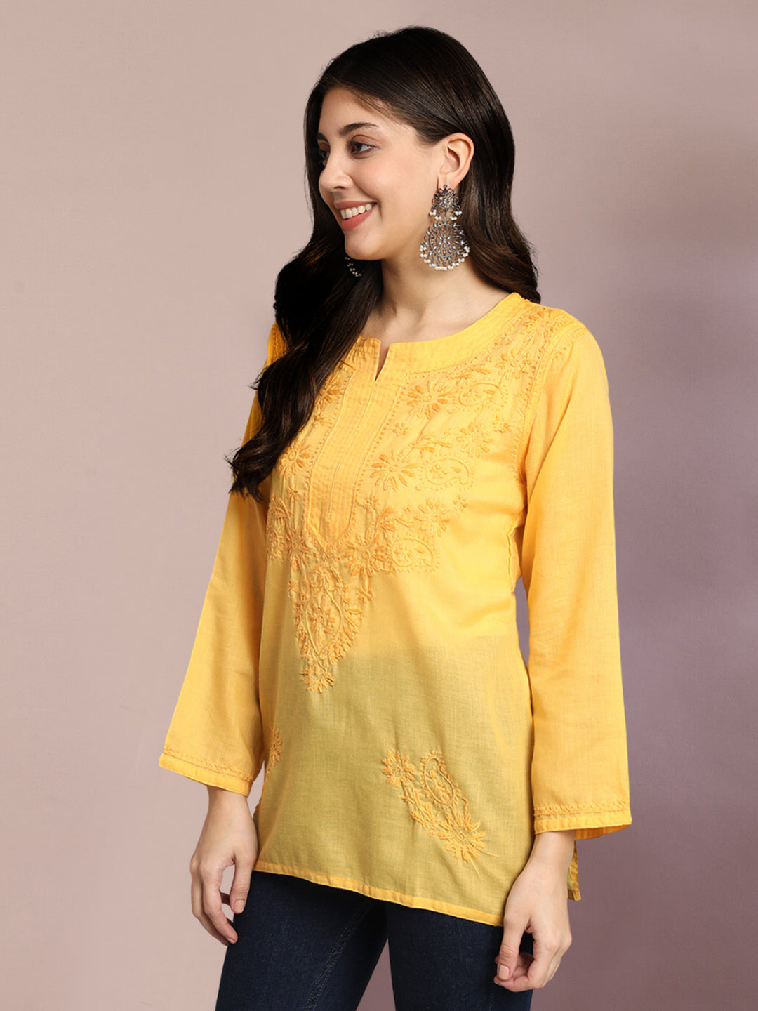 Hand Embroidered Chikankari Cotton Straight Kurti-AL3405 Yellow