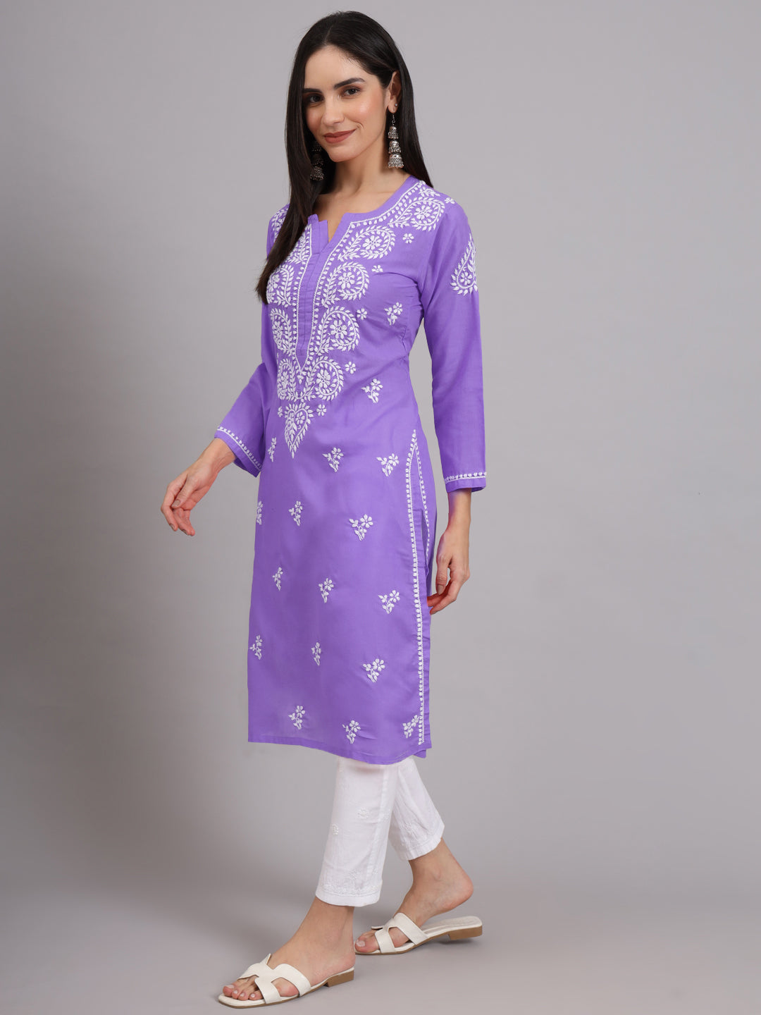 Hand Embroidered Chikankari Cotton Straight Kurta-AL3997 Dark Mauve