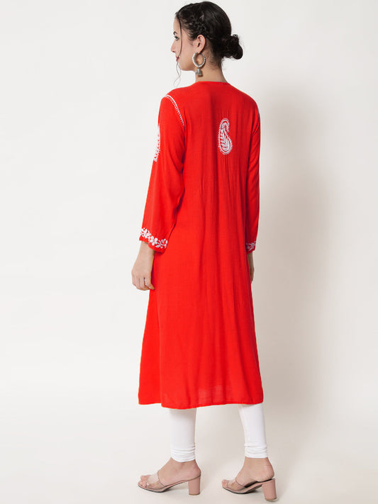 Women Hand Embroidered Chikankari Rayon Kurta-AL3549 Red