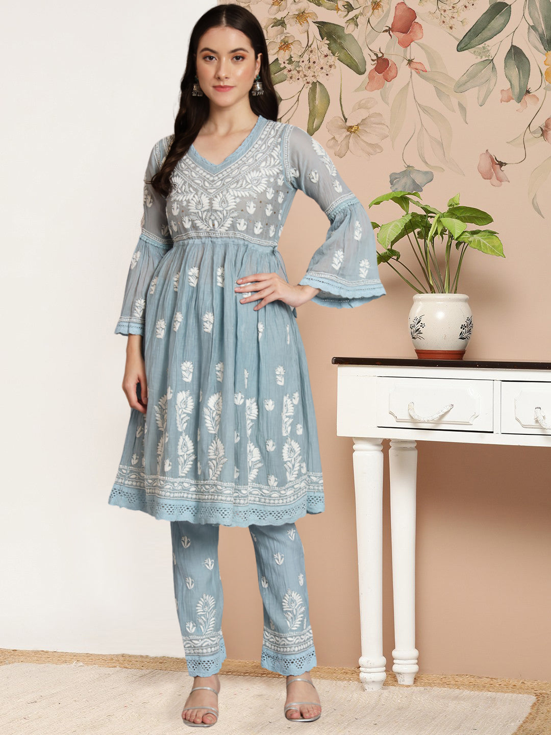 Hand Embroidered Chikankari Chanderi Cotton Frock Style Kurta Pant-AL3661KS Grey