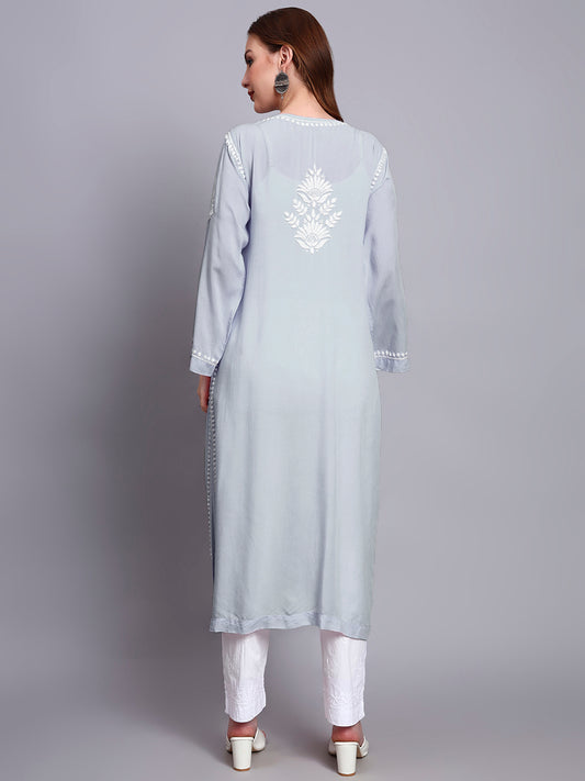 Hand Embroidered Chikankari Modal Straight Kurta-AL3683 Teal