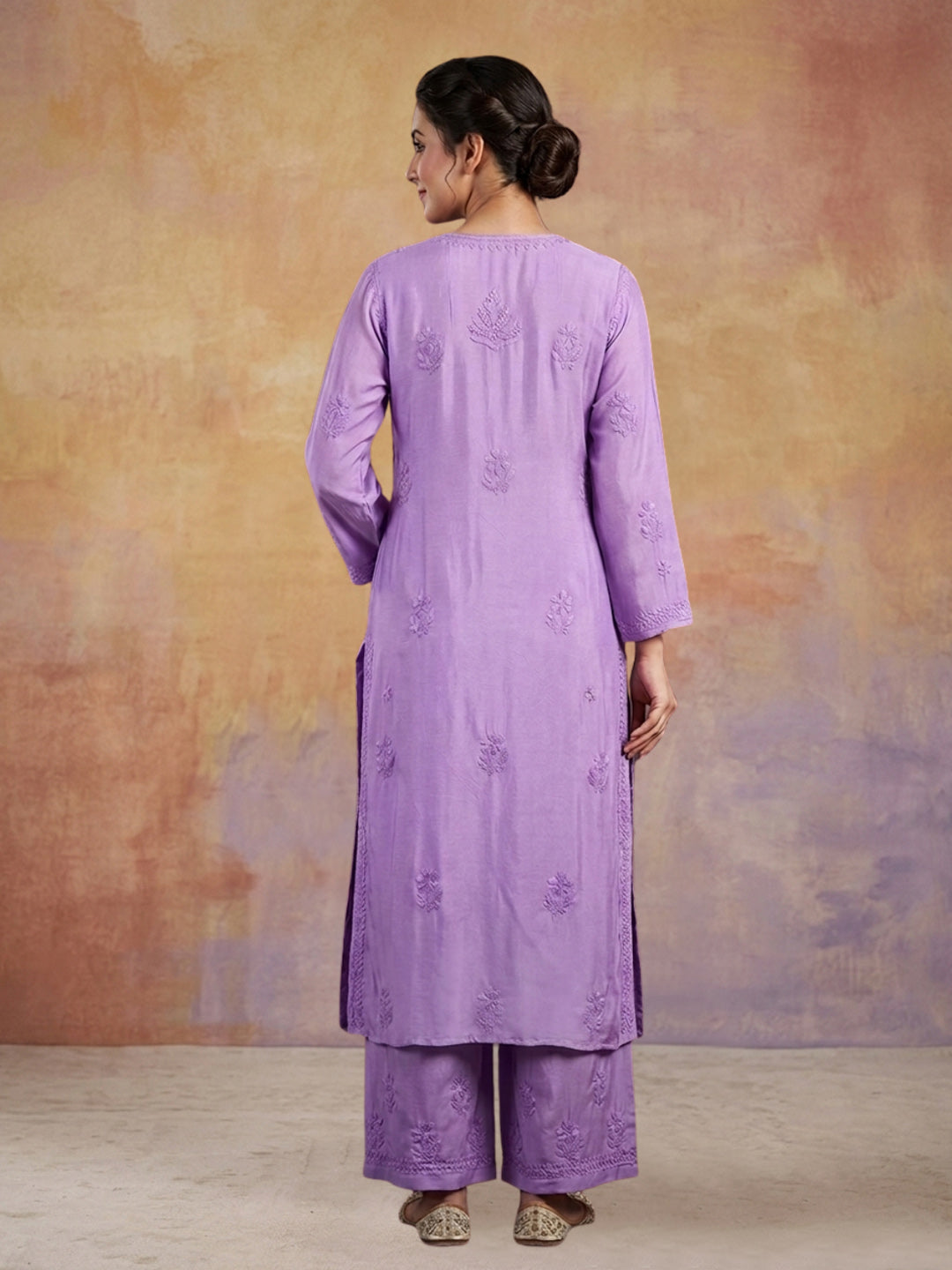 Women Hand Embroidered Chikankari Muslin Kurta Set-AL4118KS Mauve