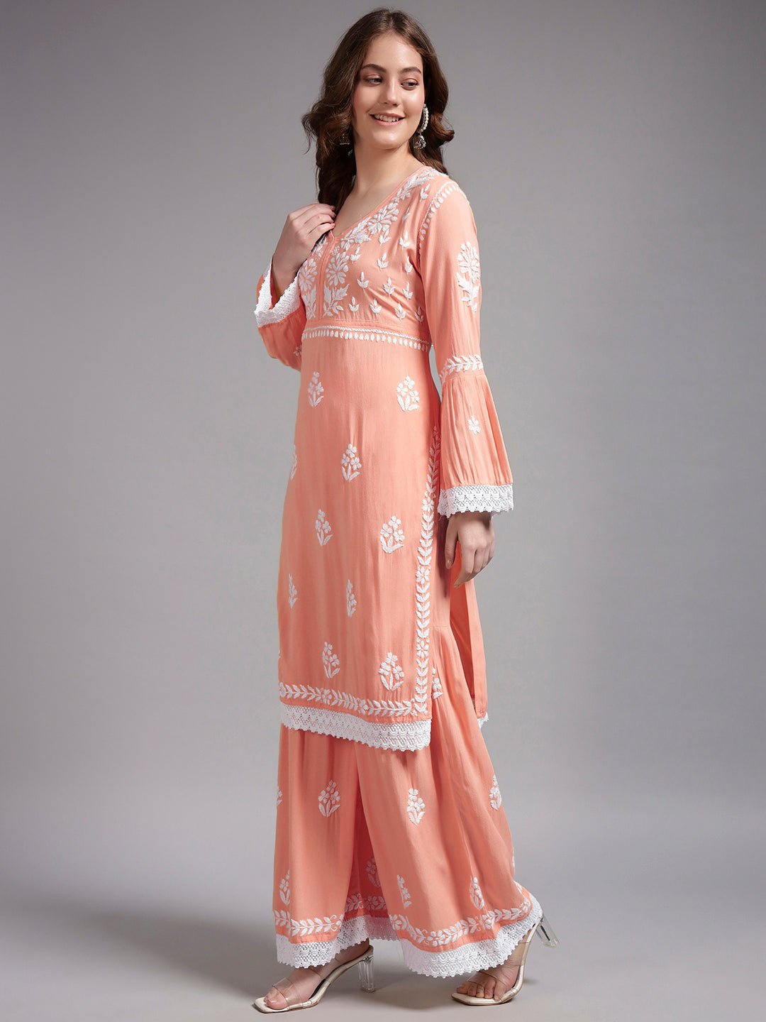 Women Hand Embroidered Lucknowi Chikankari Rayon Kurta Set-AL4077KS Peach