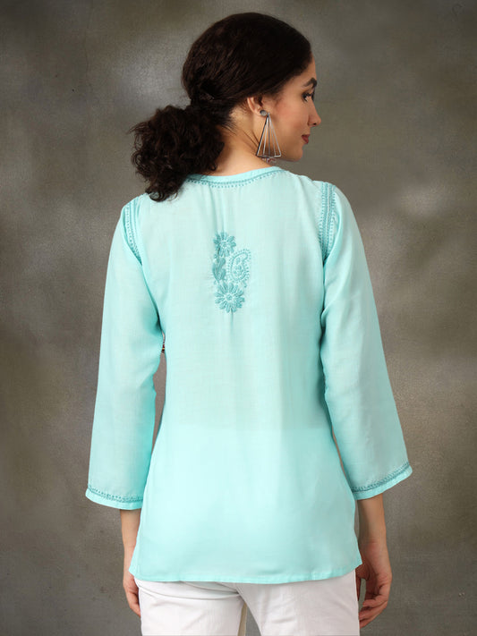 Hand Embroidered Chikankari Cotton Straight Short Kurti-AL3405 Seagreen
