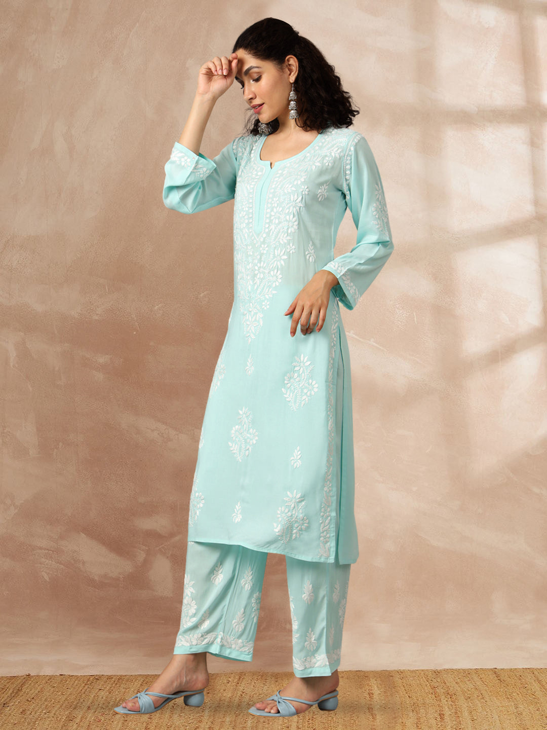 Women Hand Embroidered Chikankari Modal Kurta Set-AL3600KS Seagreen