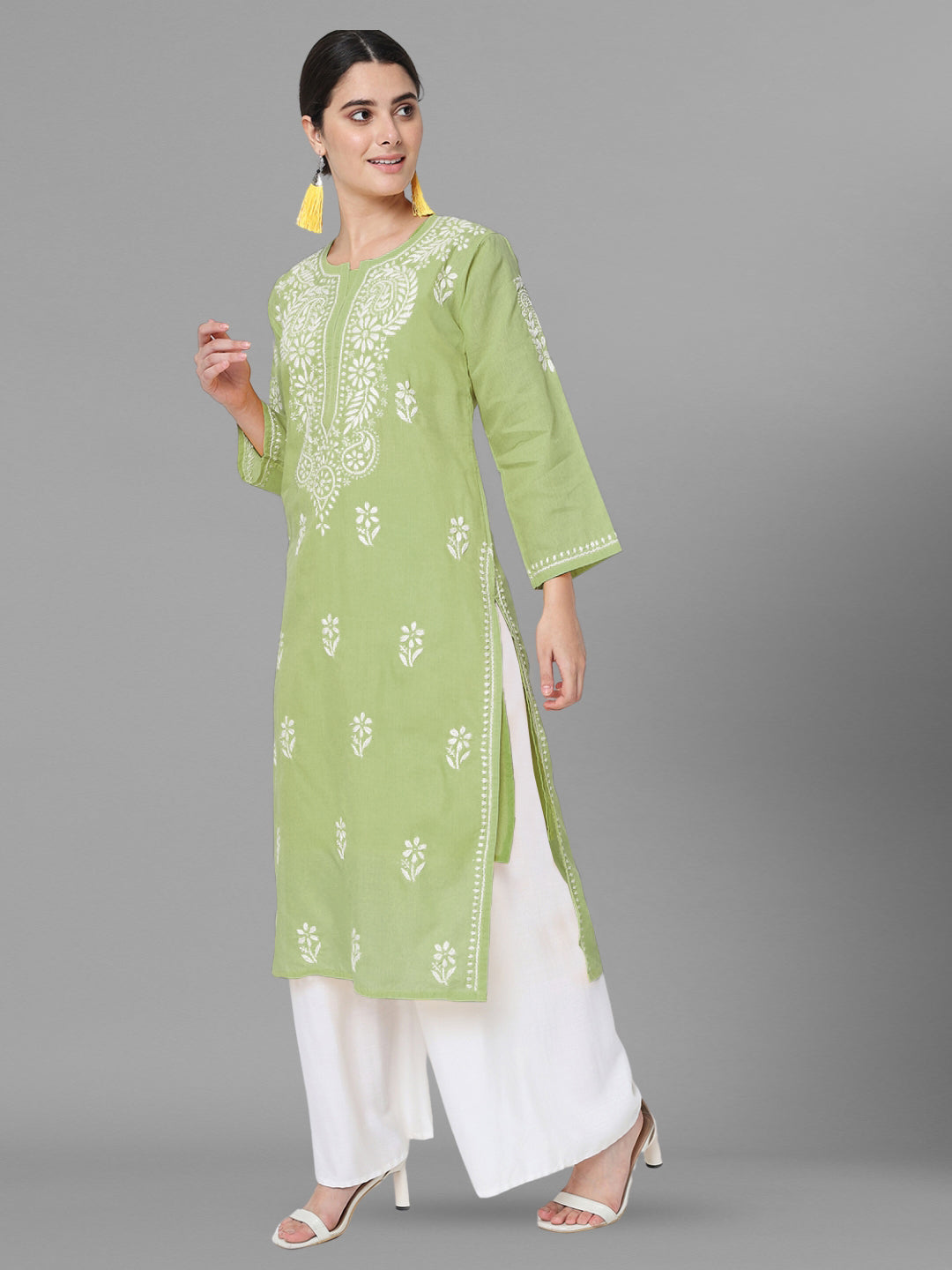 Hand Embroidered Chikankari Cotton Straight Kurta-AL3561 Olive