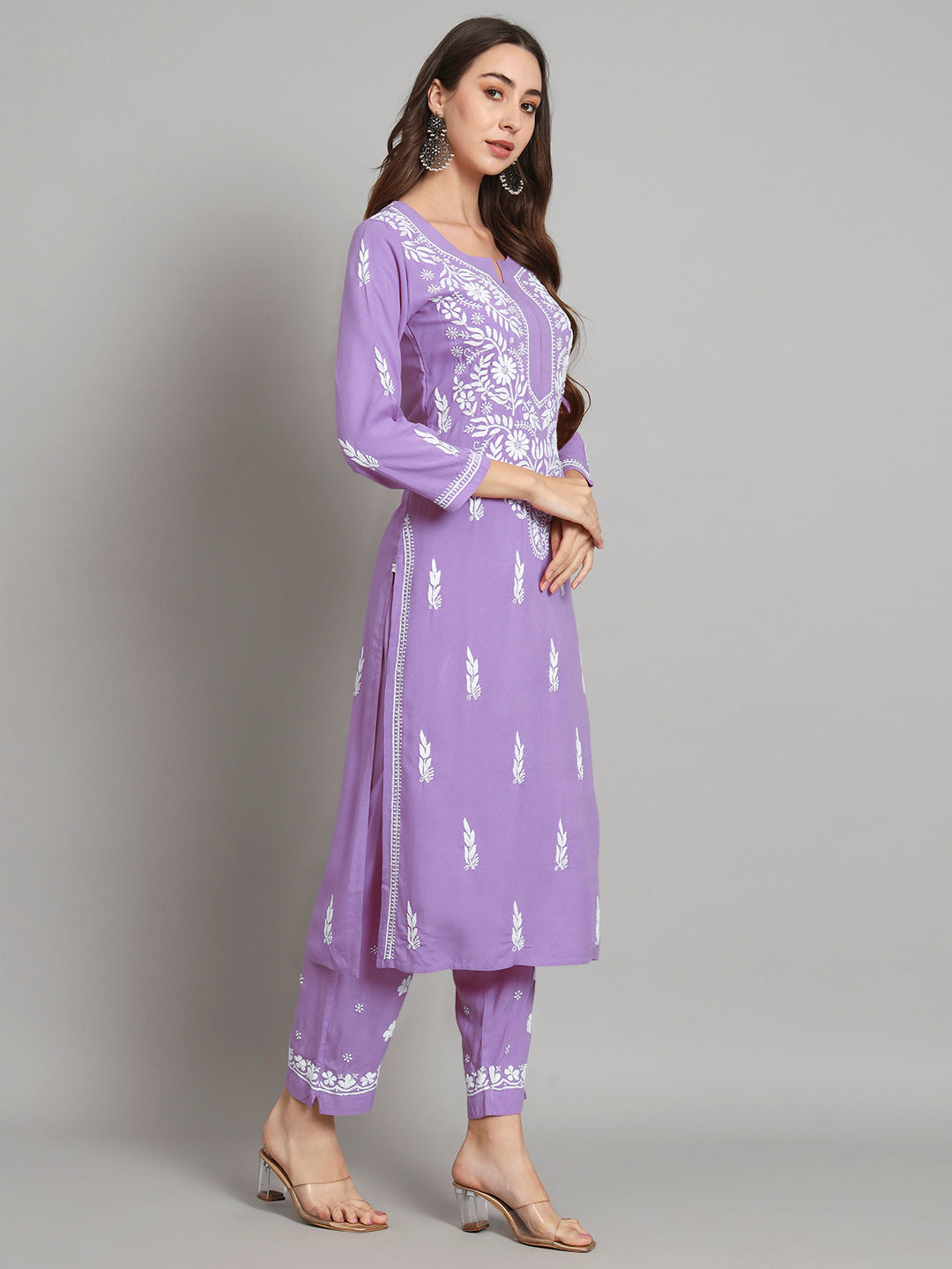 Women Hand Embroidered Chikankari Rayon Kurta set-AL3451KS Mauve