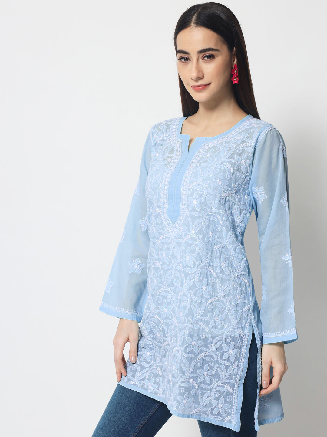 Hand Embroidered Chikankari Cotton Straight Tunic-AL3591 Blue