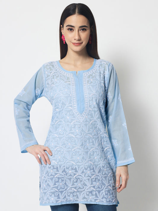 Hand Embroidered Chikankari Cotton Straight Tunic-AL3591 Blue