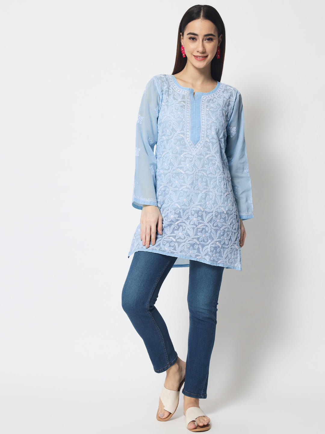 Hand Embroidered Chikankari Cotton Straight Tunic-AL3591 Blue