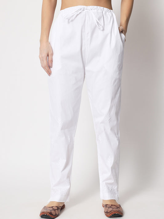 Hand Embroidered Chikankari Women White Pant-AL3597