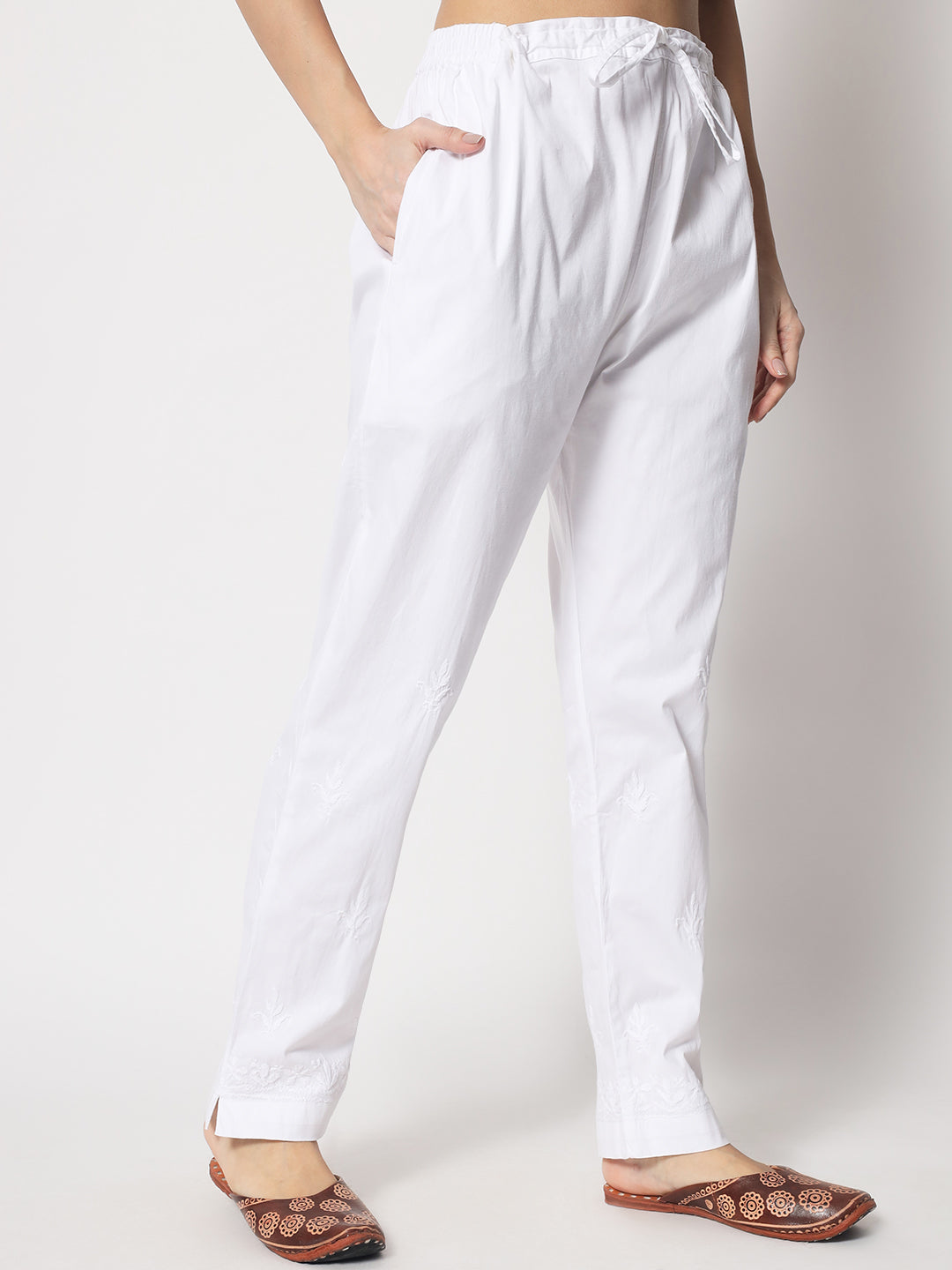 Hand Embroidered Chikankari Women White Pant-AL3597