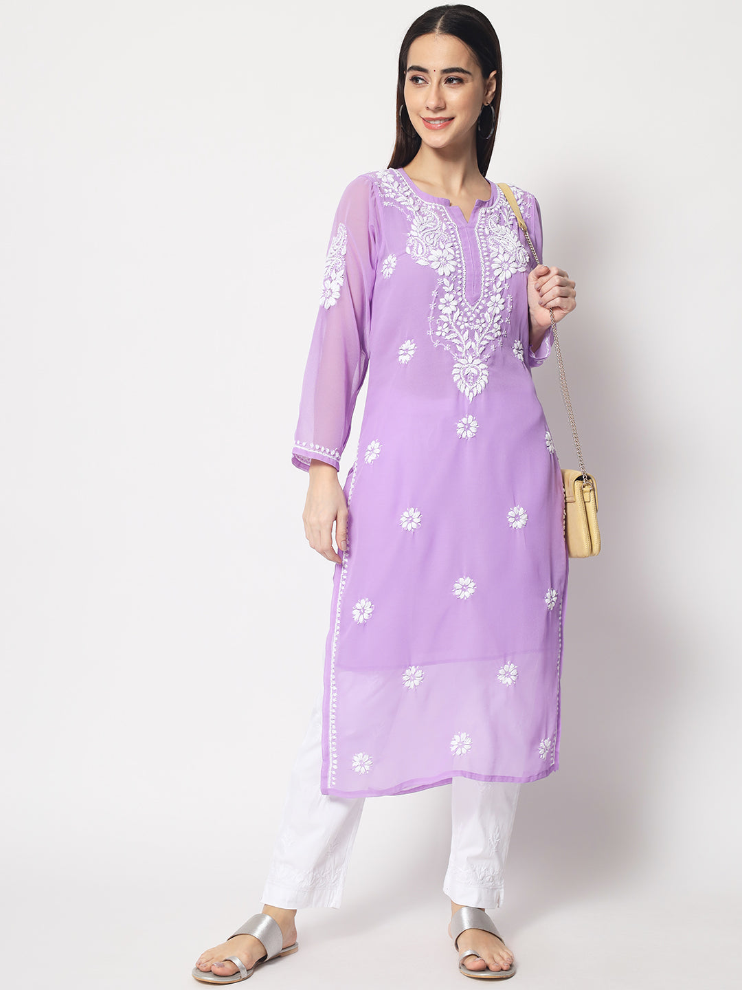 Hand Embroidered Chikankari Women White Pant-AL3597