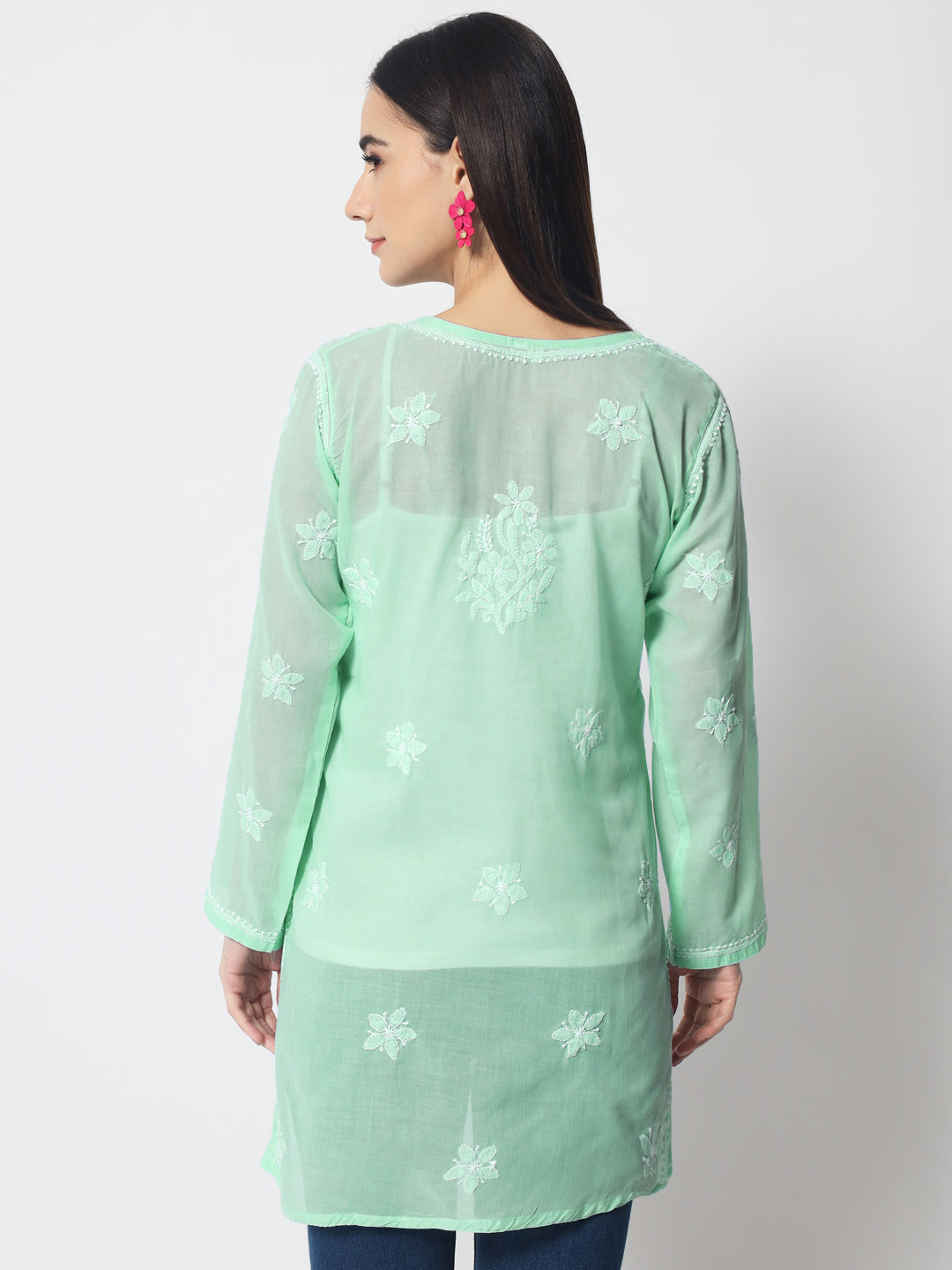 Hand Embroidered Chikankari Cotton Straight Tunic-AL3591 Green
