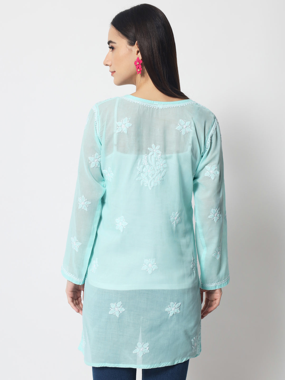 Hand Embroidered Chikankari Cotton Straight Tunic-AL3591 Darkseagreen