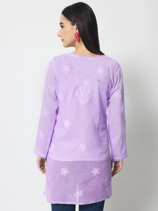 Hand Embroidered Chikankari Cotton Straight Short Kurti-AL3591 Purple