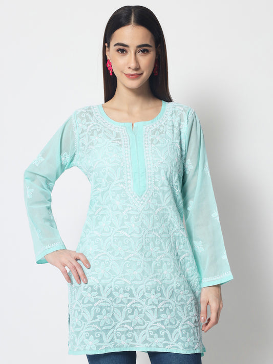 Hand Embroidered Chikankari Cotton Straight Tunic-AL3591 Darkseagreen