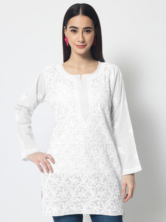 Hand Embroidered Chikankari Cotton Straight Tunic-AL3591 White