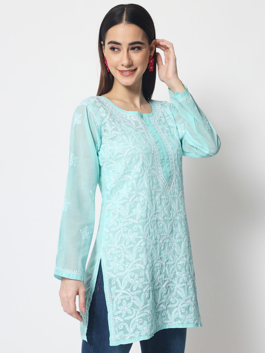 Hand Embroidered Chikankari Cotton Straight Tunic-AL3591 Darkseagreen