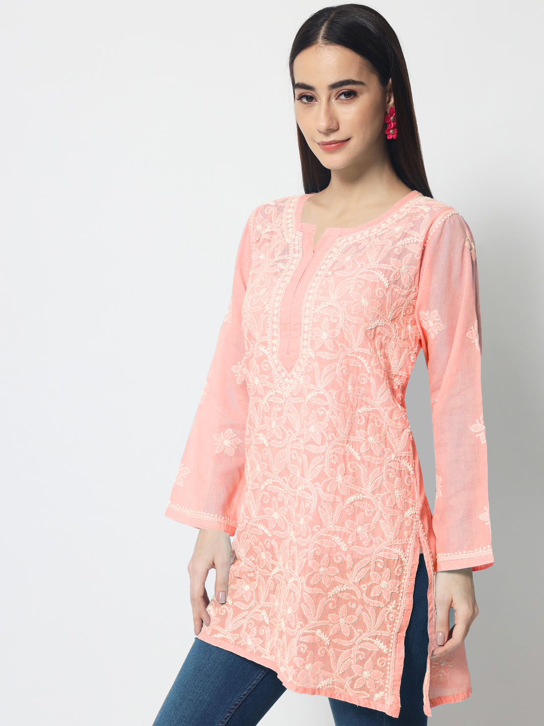 Hand Embroidered Chikankari Cotton Straight Tunic-AL3591 Darkpeach