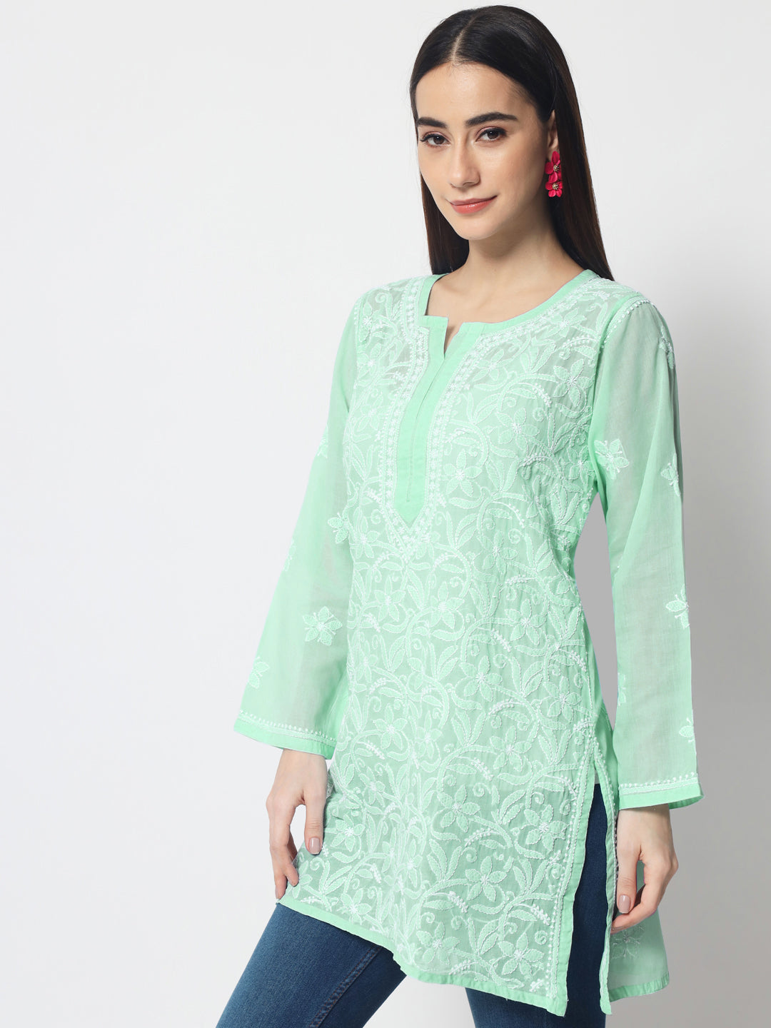 Hand Embroidered Chikankari Cotton Straight Tunic-AL3591 Green