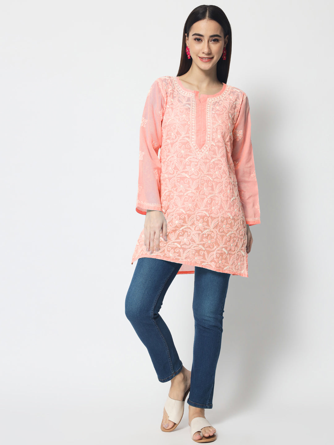 Hand Embroidered Chikankari Cotton Straight Tunic-AL3591 Darkpeach