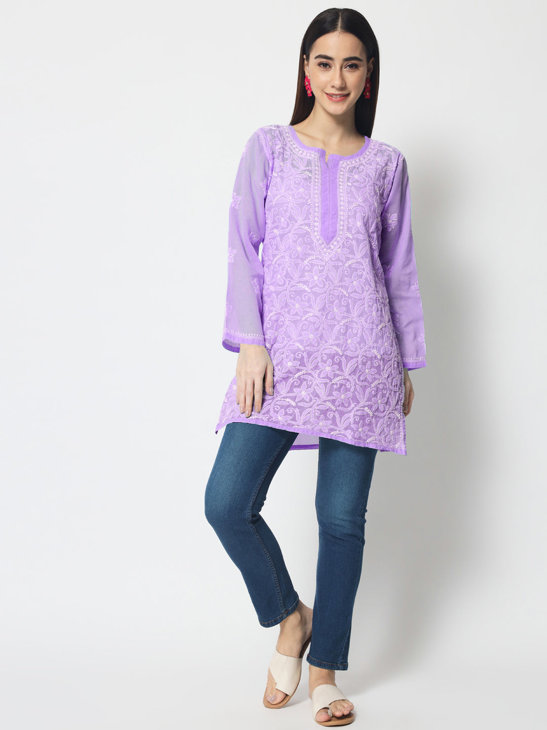 Hand Embroidered Chikankari Cotton Straight Short Kurti-AL3591 Purple