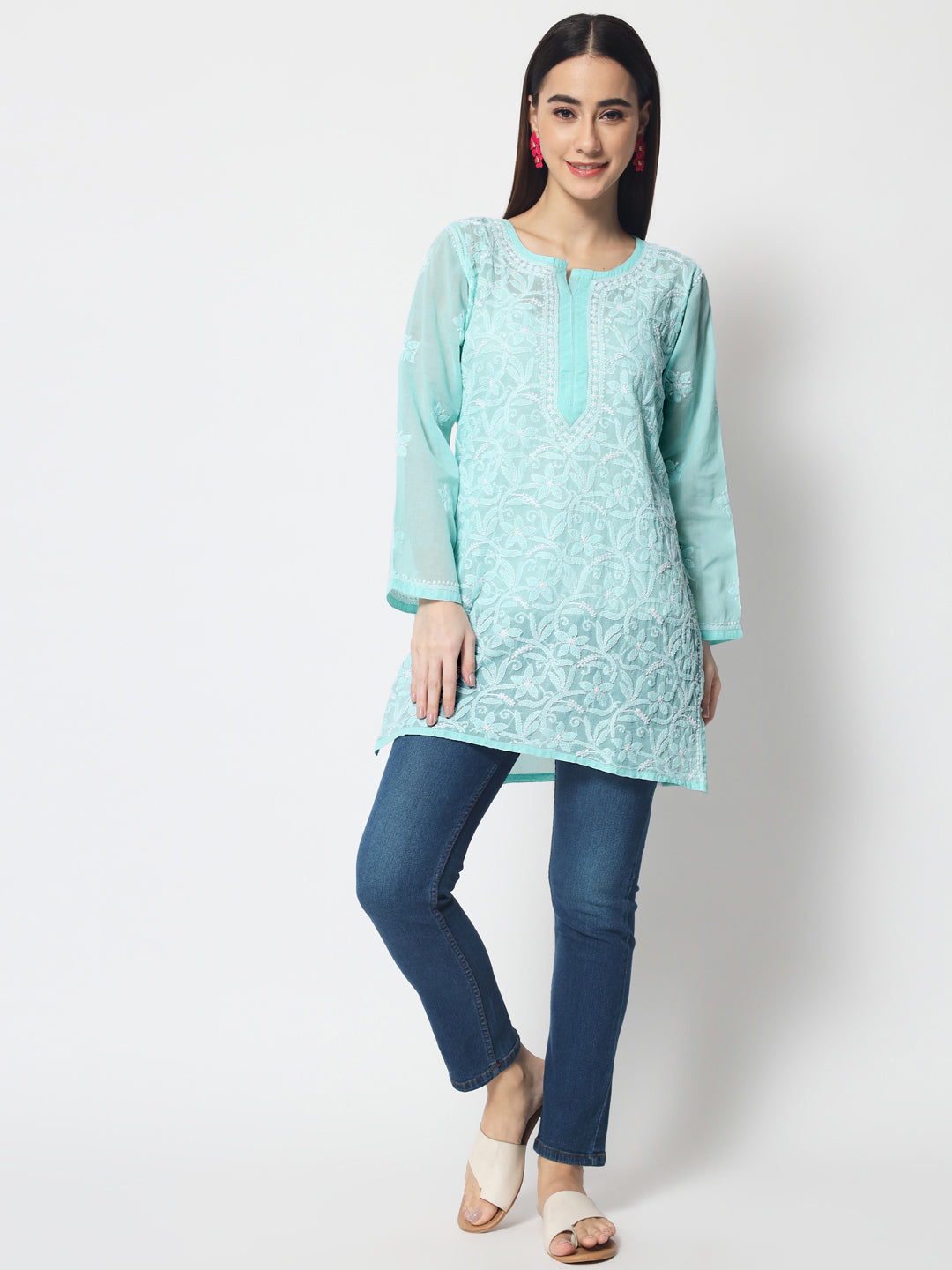 Hand Embroidered Chikankari Cotton Straight Tunic-AL3591 Darkseagreen