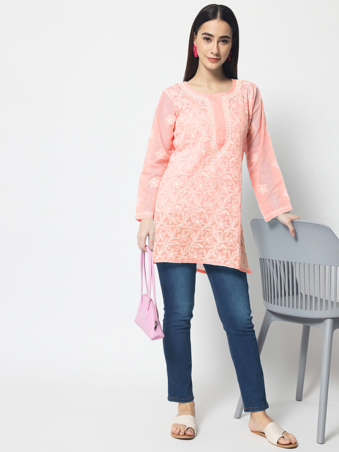 Hand Embroidered Chikankari Cotton Straight Tunic-AL3591 Darkpeach