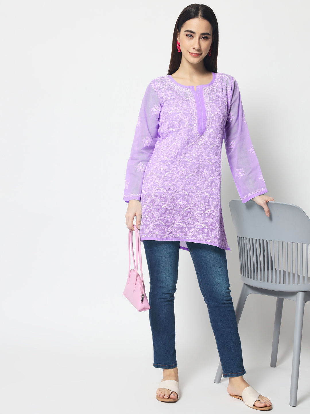 Hand Embroidered Chikankari Cotton Straight Short Kurti-AL3591 Purple