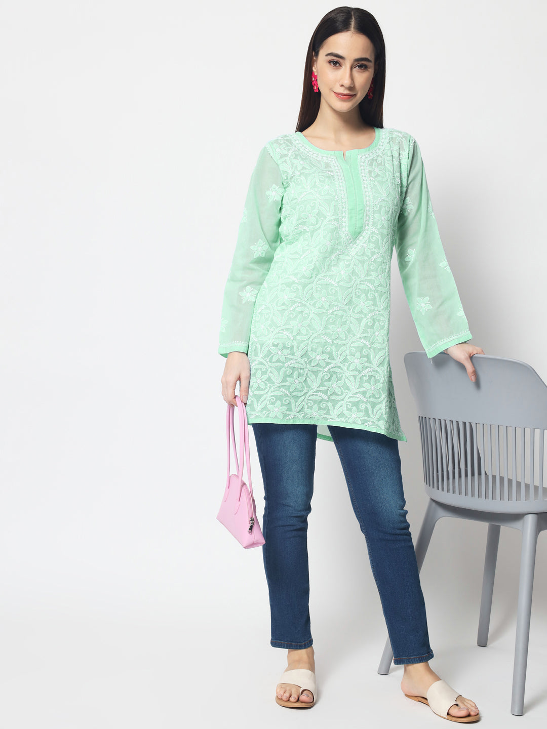 Hand Embroidered Chikankari Cotton Straight Tunic-AL3591 Green