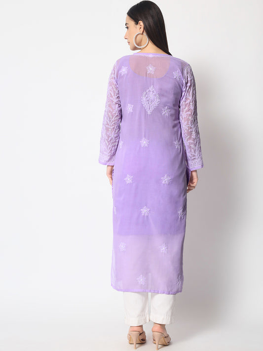 Women Hand Embroidered Chikankari Cotton Straight Kurta- AL3592 Lavender