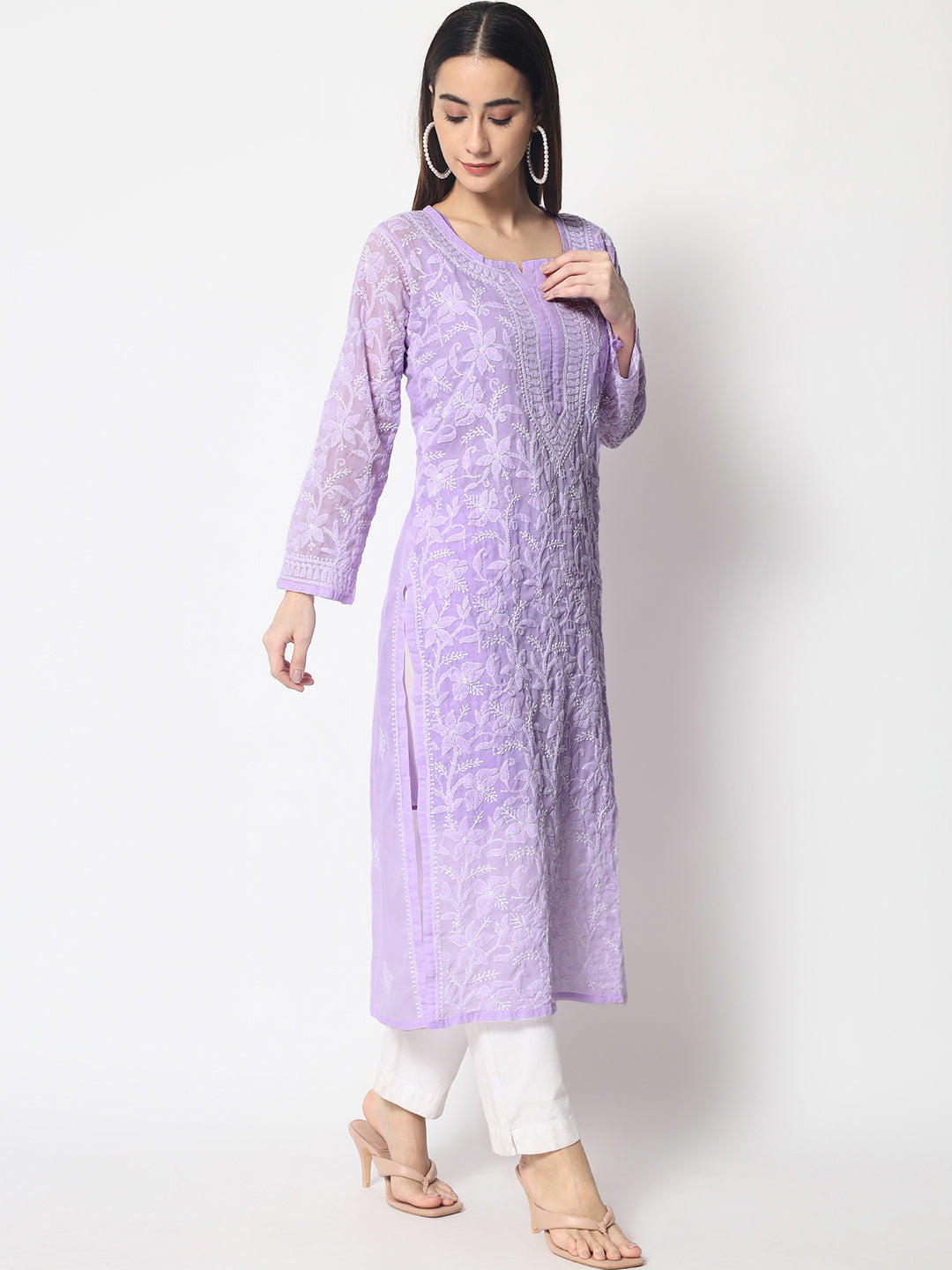 Women Hand Embroidered Chikankari Cotton Straight Kurta- AL3592 Lavender