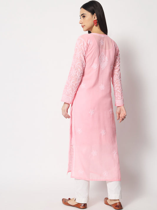 Women Hand Embroidered Chikankari Cotton Straight Kurta- AL3592 Pink