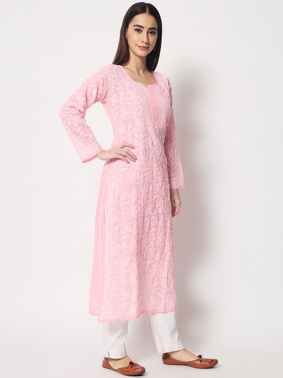 Women Hand Embroidered Chikankari Cotton Straight Kurta- AL3592 Pink