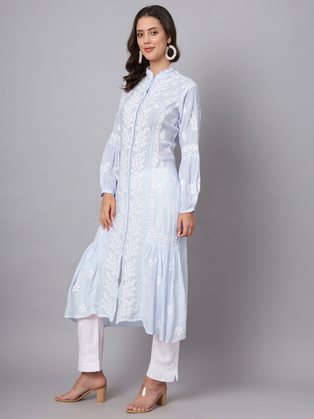 Women Hand Embroidered Chikankari Muslin Kurta-AL3888 Blue