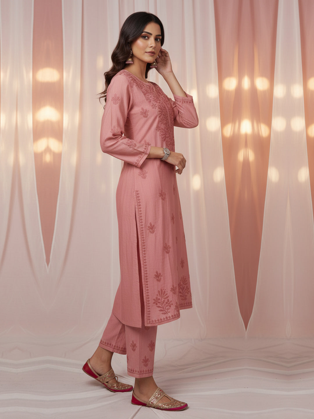 Women Hand Embroidered Chikankari Chanderi Kurta Set-AL4106KS Rust