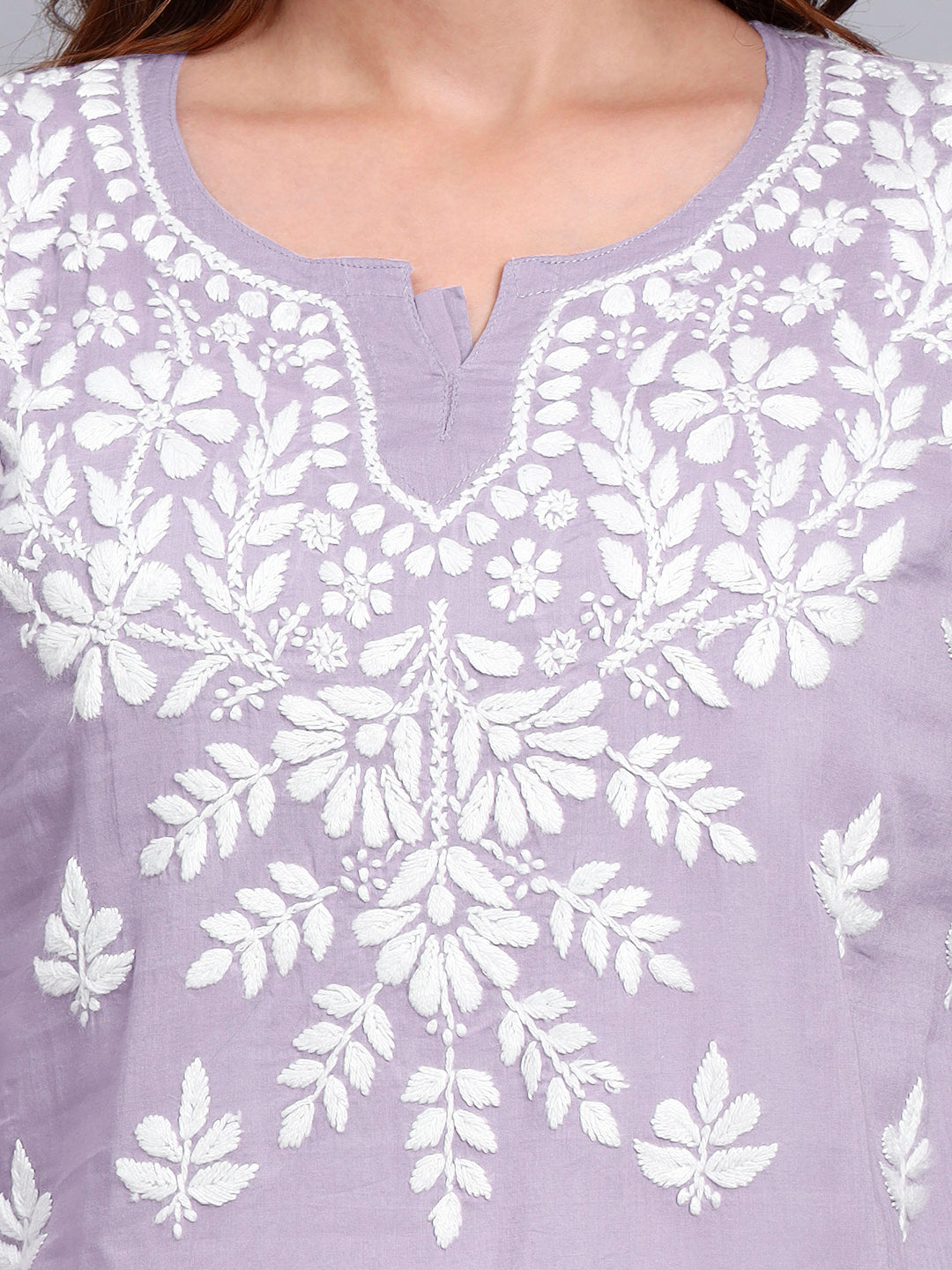 Women Hand Embroidered Chikankari Mulmul Short Top -AL3724 Mauve
