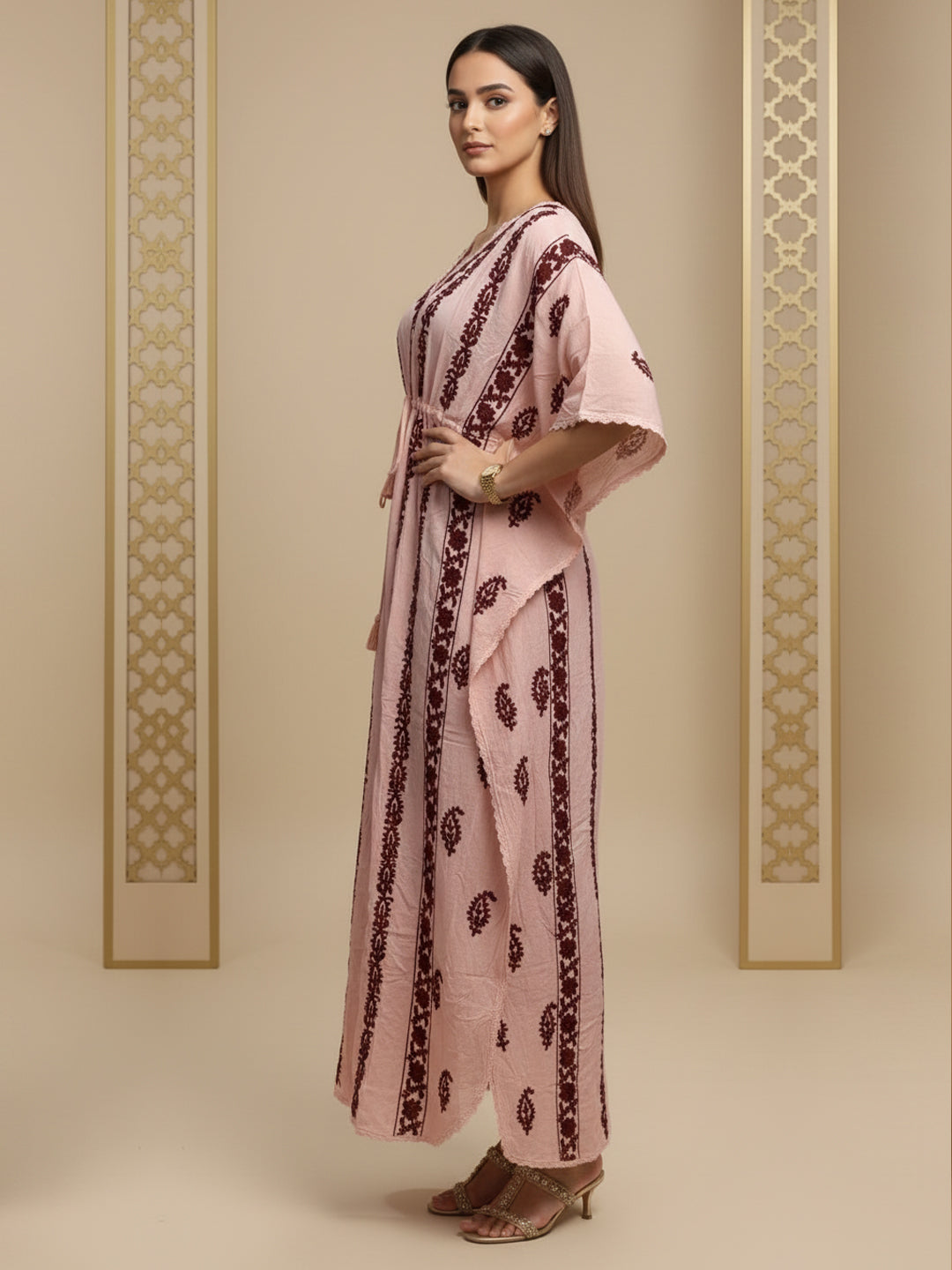 Hand Embroidered Chikankari Rayon Kaftan-AL3474 Maroon
