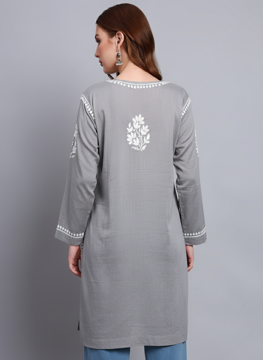 Women Hand Embroidered Chikankari Cotton Kurti -AL3685 Grey
