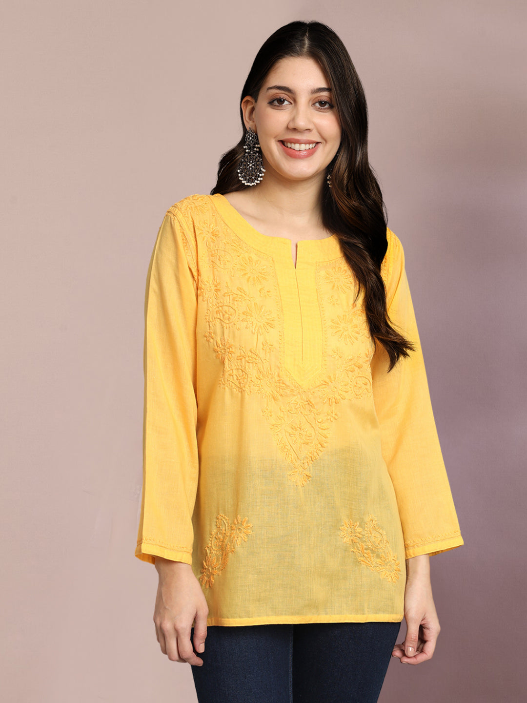Hand Embroidered Chikankari Cotton Straight Kurti-AL3405 Yellow