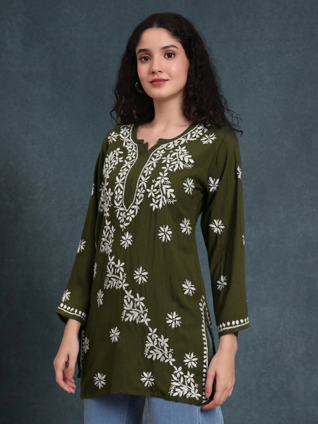 Women Chikankari Hand Embroidered Rayon Kurti -AL4071 Olive