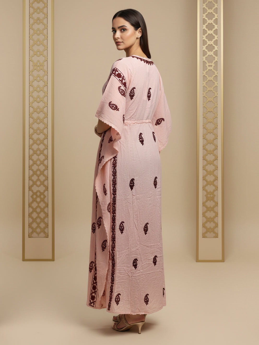 Hand Embroidered Chikankari Rayon Kaftan-AL3474 Maroon