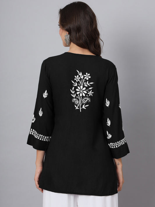 Women Hand Embroidered Chikankari Rayon Kurti with Pockets-AL3696 Black