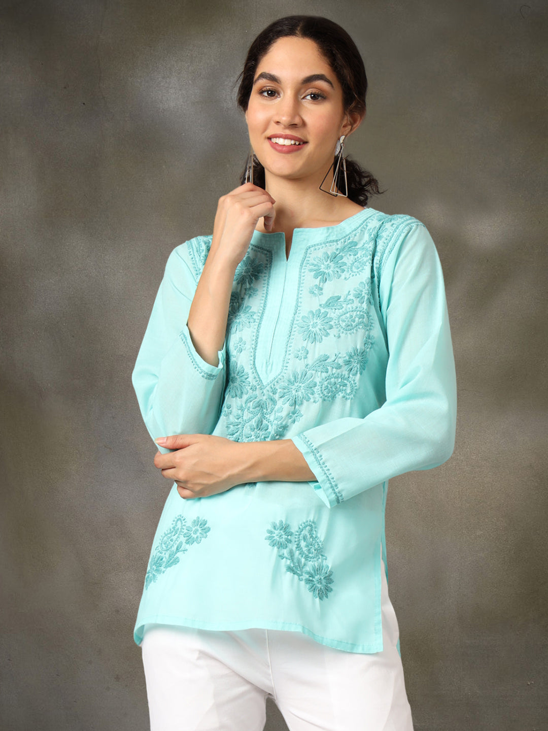 Hand Embroidered Chikankari Cotton Straight Short Kurti-AL3405 Seagreen