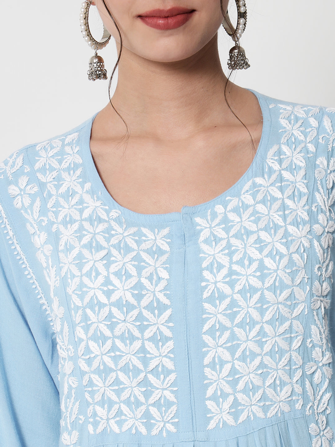 Women Hand Embroidered Chikankari Rayon Kurta-AL3549 Lightskyblue