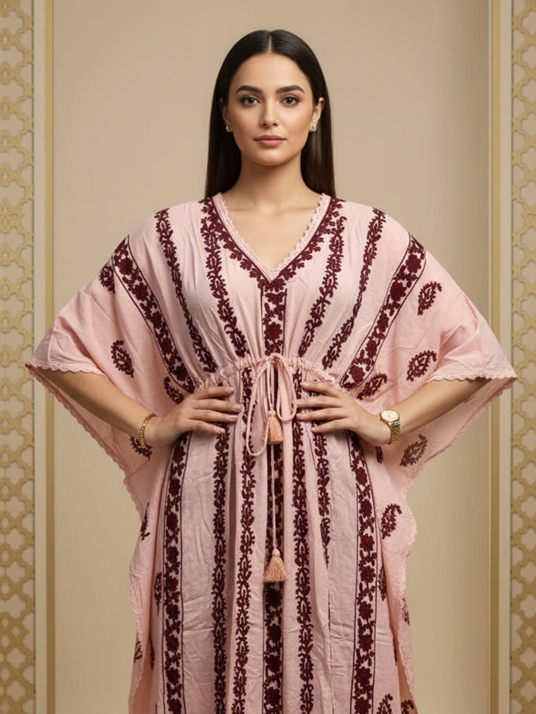 Hand Embroidered Chikankari Rayon Kaftan-AL3474 Maroon