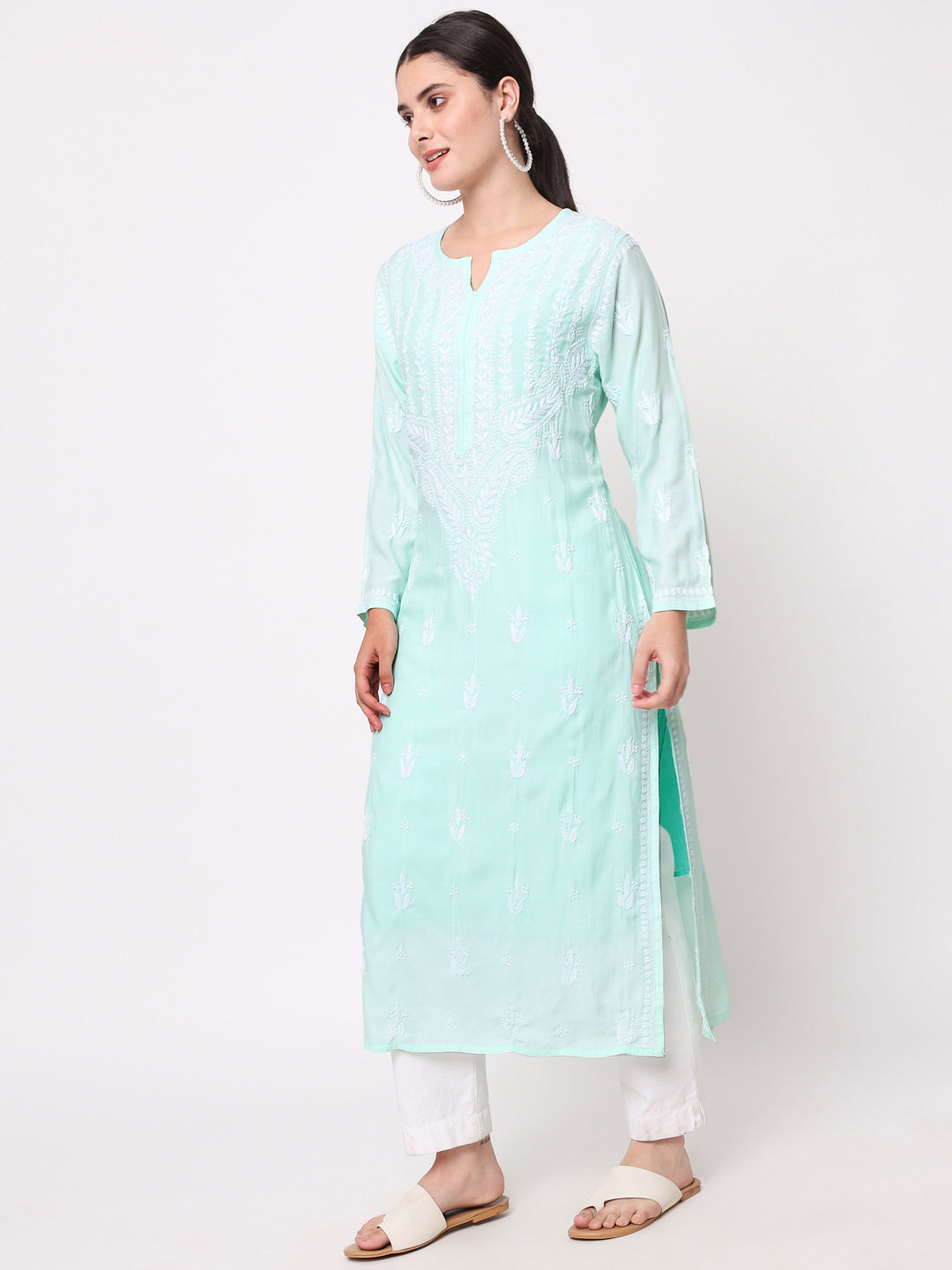 Women Hand Embroidered Chikankari Modal Kurta-AL3584 Seagreen